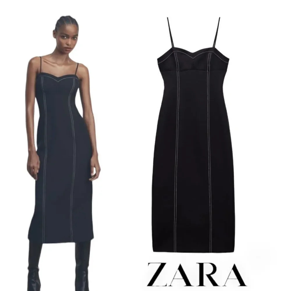 ZARA | Black | DRESS WITH CONTRASTING TOPSTITCHING